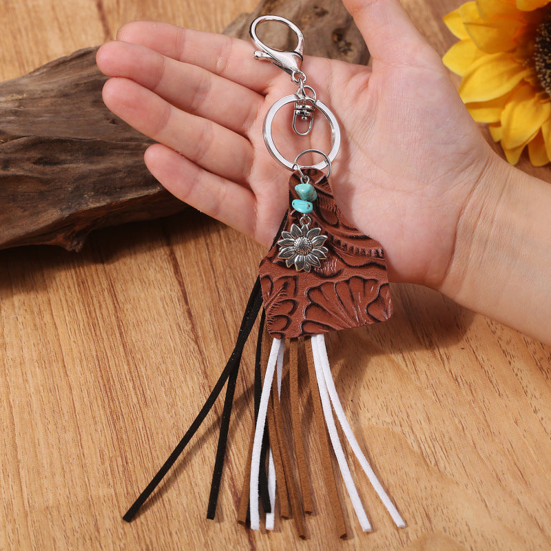 Wholesale Western Style Leopard Fringe Pinestone Sunflower Keychain ACC-KC-HY011