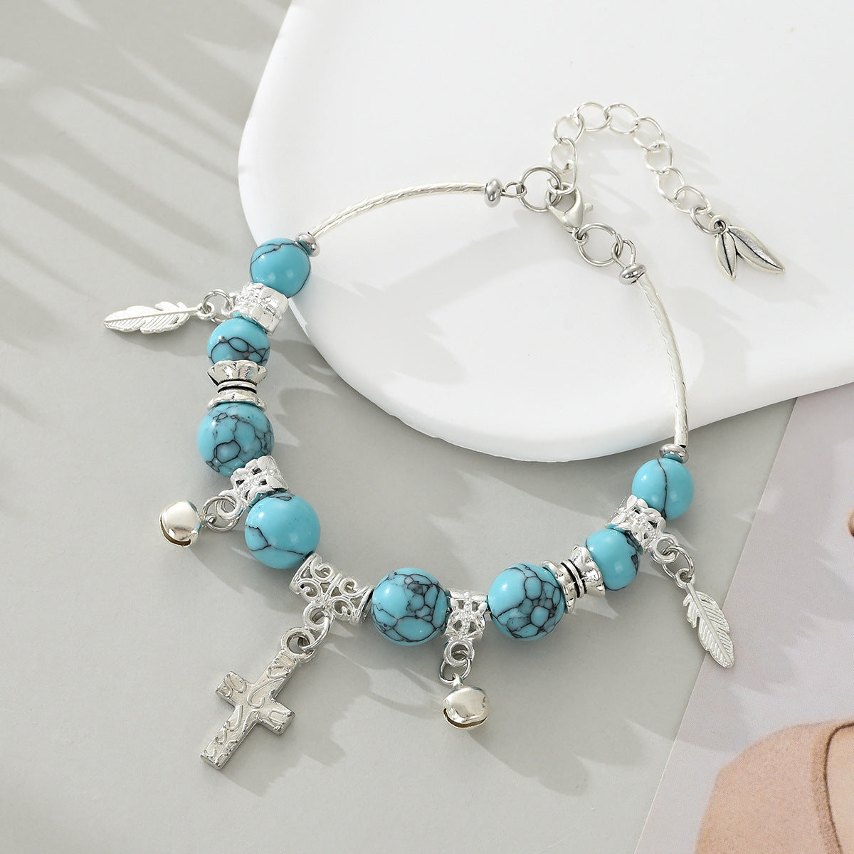 Wholesale Natural turquoise malachite cross bell bracelet