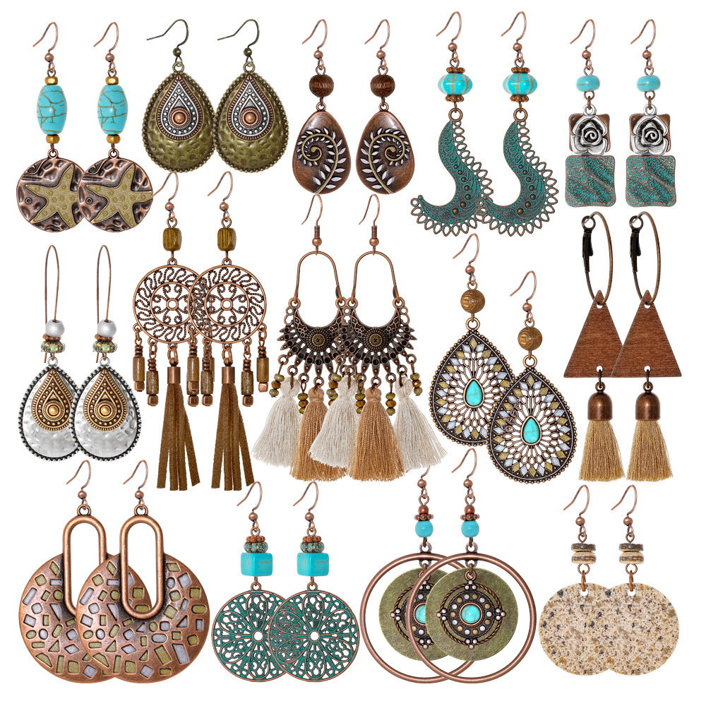 Wholesale Bohemian Geometric Tassel Earrings Set - Zinc Alloy Hollow Cloisonné - Fashion Accessory for Gift or Resale