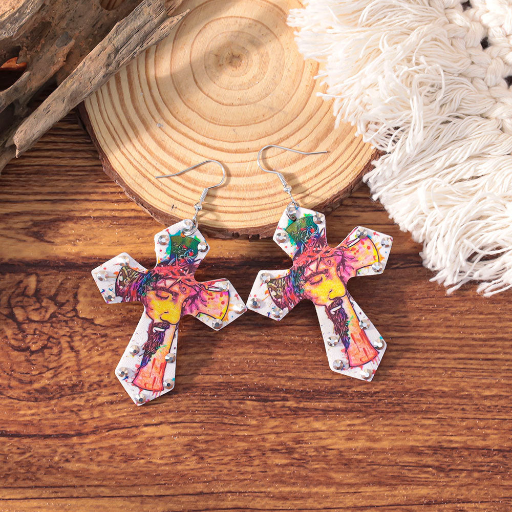 Wholesale Western style colorful rhinestone cross earrings