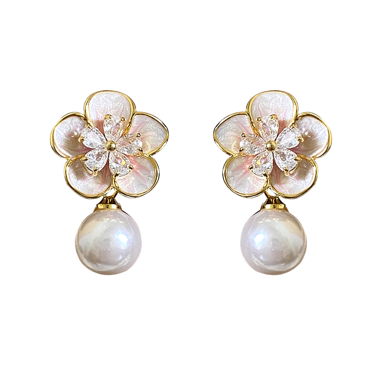 Wholesale Electroplated zircon camellia pearl earrings