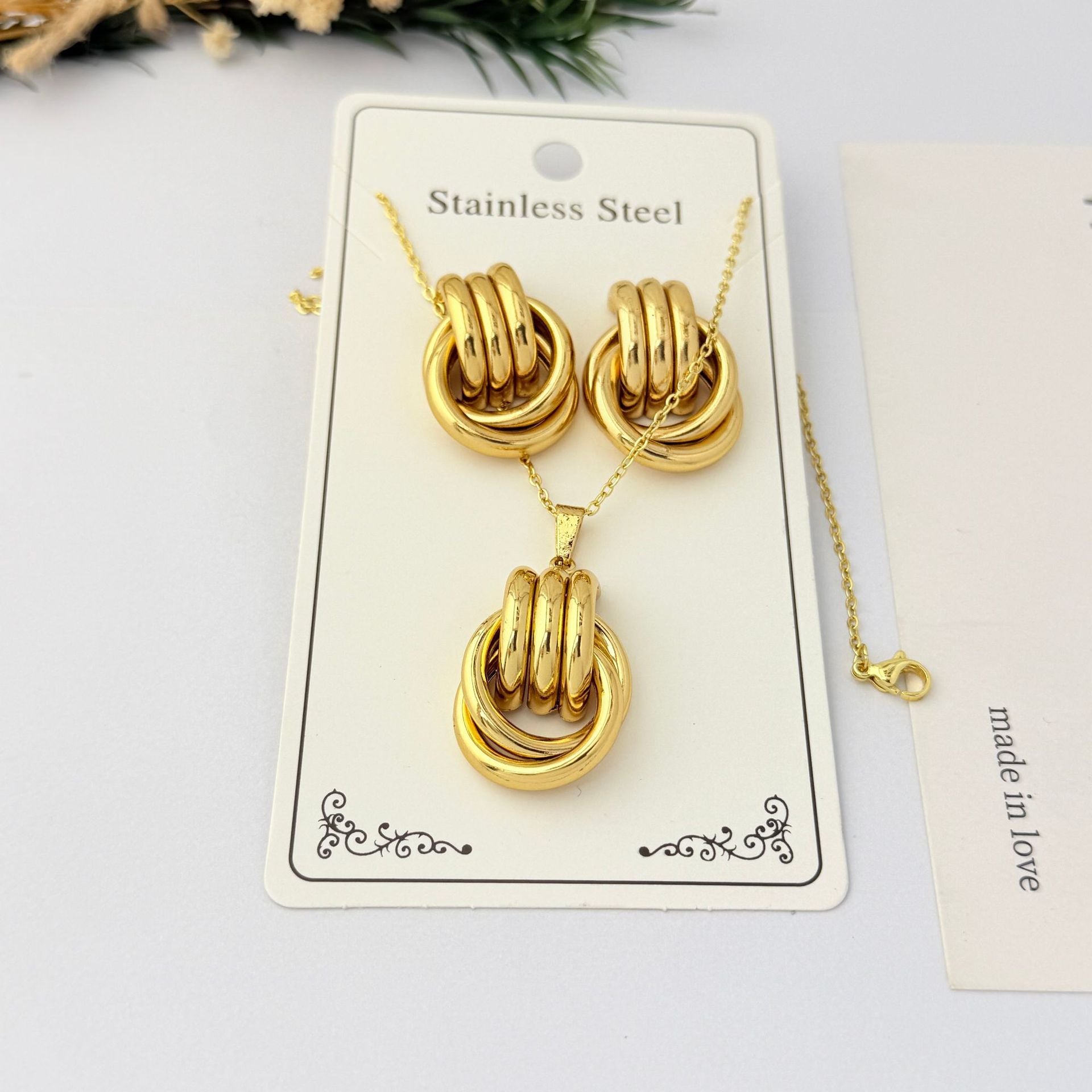 Wholesale Geometric Gold Plated Stainless Steel Necklace Earring Set for Party Boutique Jewelry
