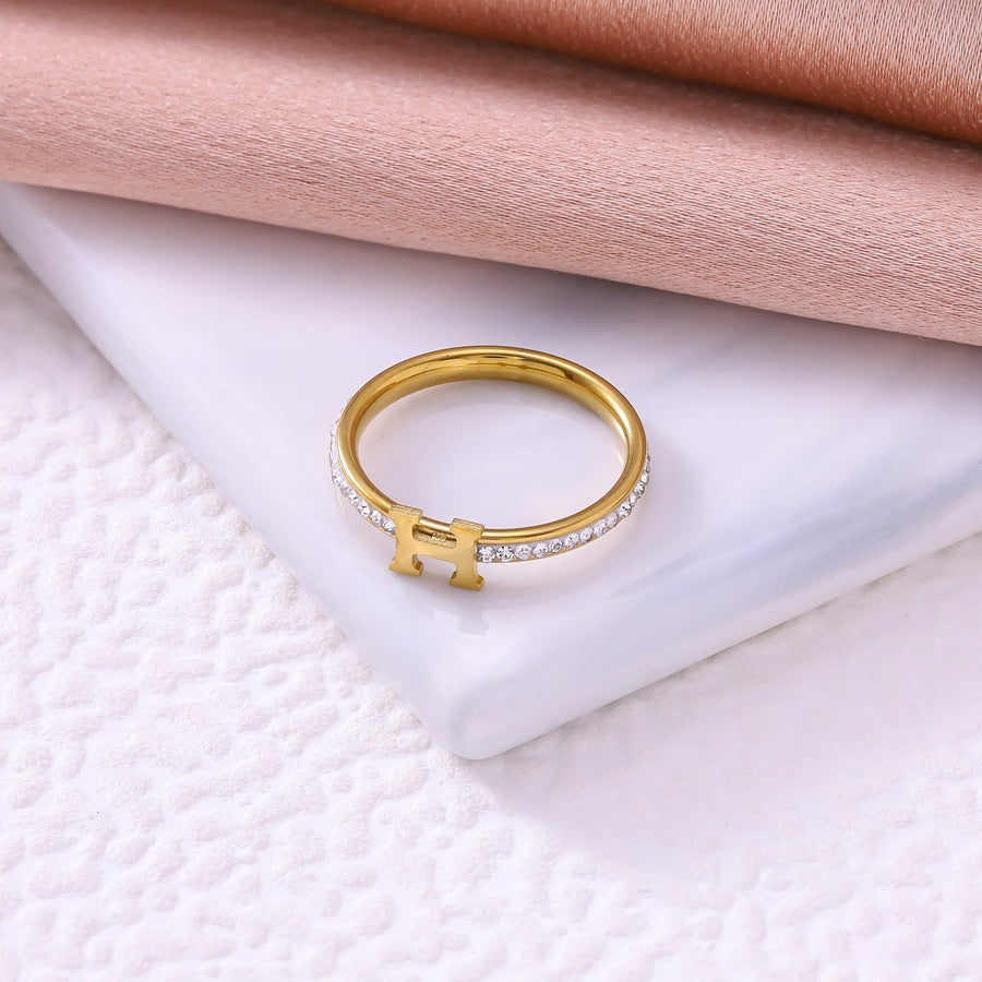 Wholesale 18K Gold Plated Stainless Steel H Letter Rhinestone Ring Starry Sky Design Women S Everyday Wear Boutique