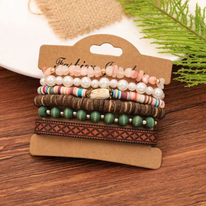 Wholesale Bohemian  Shell Wood Beads Beaded Soft y Pearl Stone Leather Bracelet