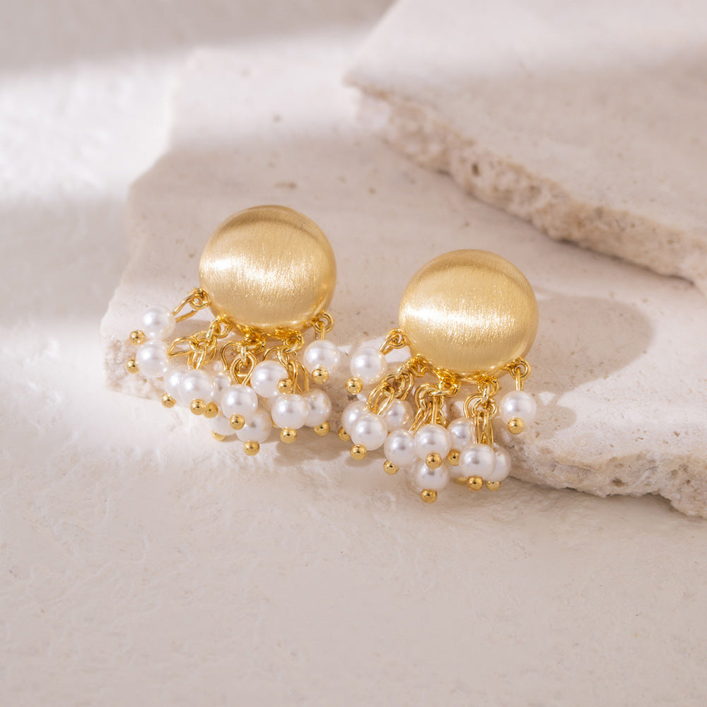 Wholesale  Retro Brushed Metal Pearl Tassel Earrings