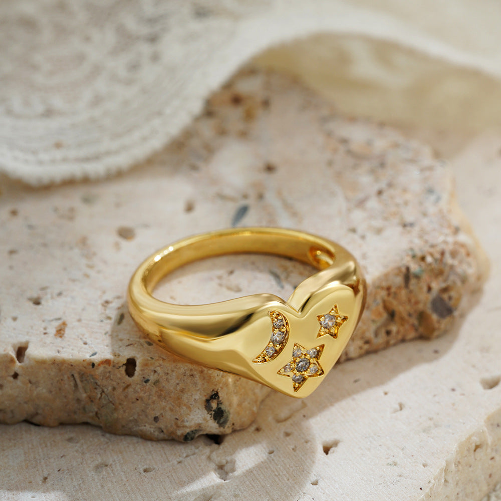 Wholesale  18K Gold Inlaid Zircon Love Ring Star Moon Tail Ring Double Heart-shaped Open Ring