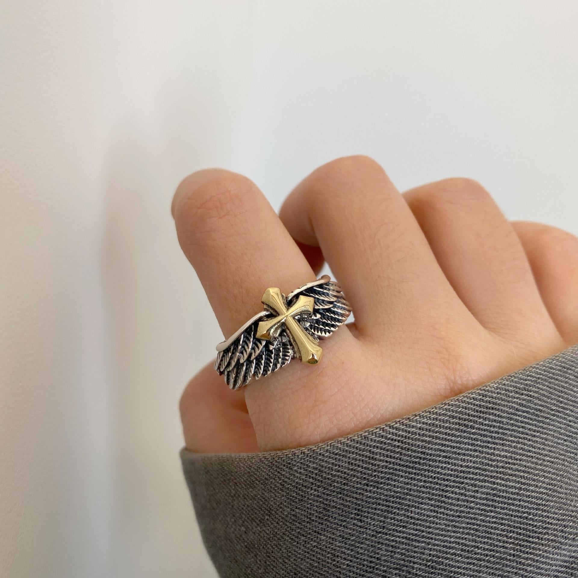 Wholesale Vintage Angel Wings Cross Adjustable  Ring