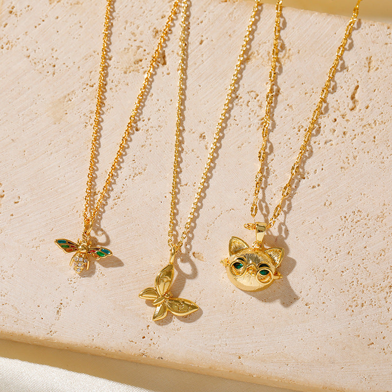Wholesale Stainless steel  Eye Cat Zircon Copper Plated 18K Gold Color Golden Butterfly Necklaces
