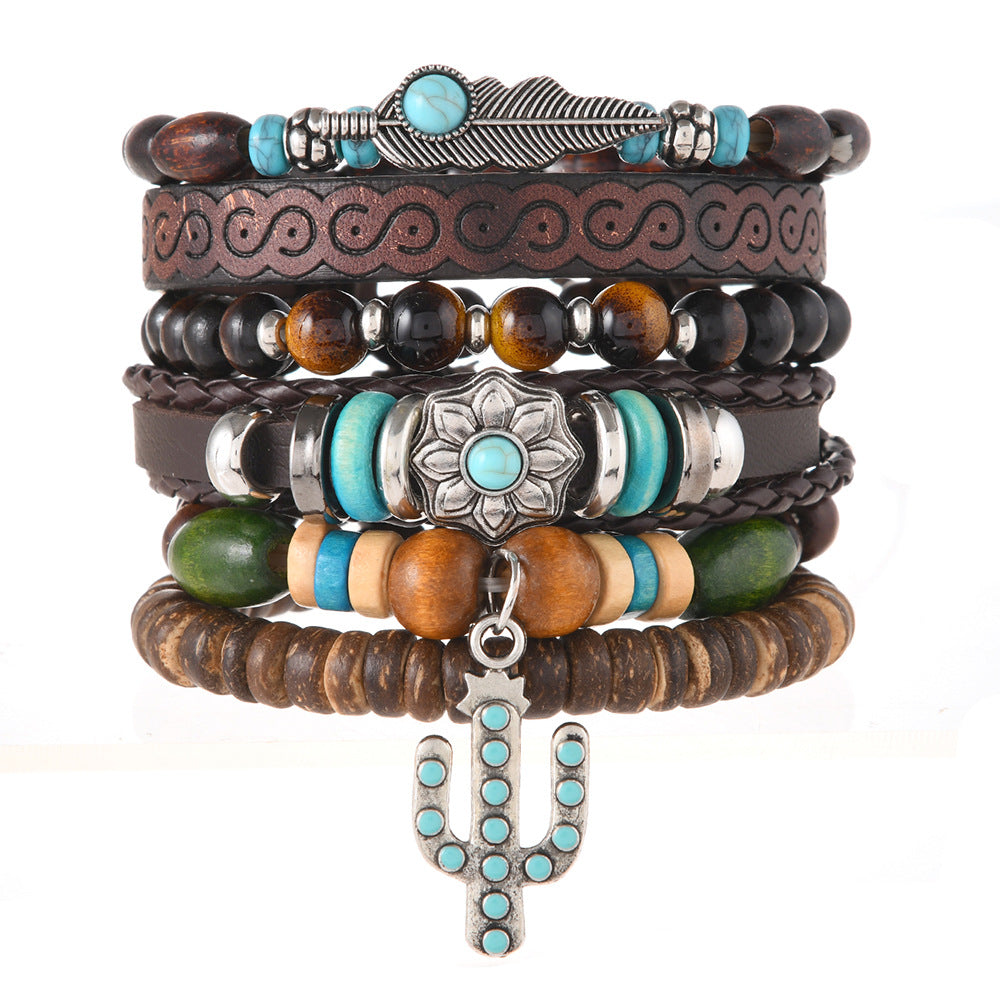 Wholesale Retro Style Bullhead Cactus Multi-Layer Leather Braided DIY 6-Piece  Bracelet