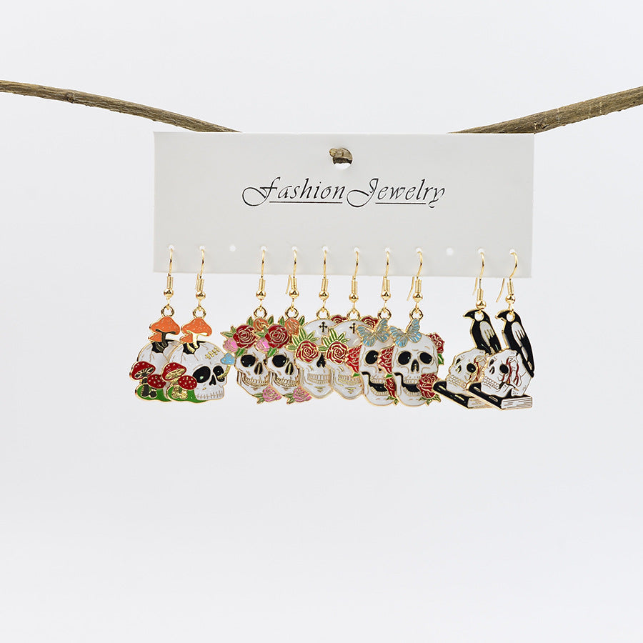 Wholesale Halloween Western Skull Cowboy Rose Skull Earrings Set