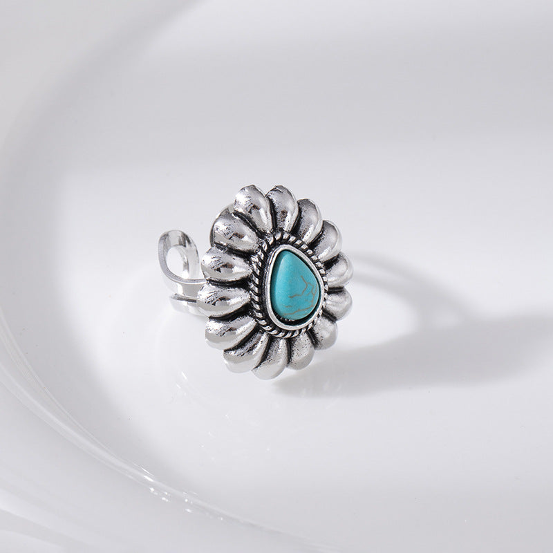 Wholesale Trendy Bohemian Flower Turquoise Drop Ring for Women,  Retro Adjustable Copper Jewelry Accessory