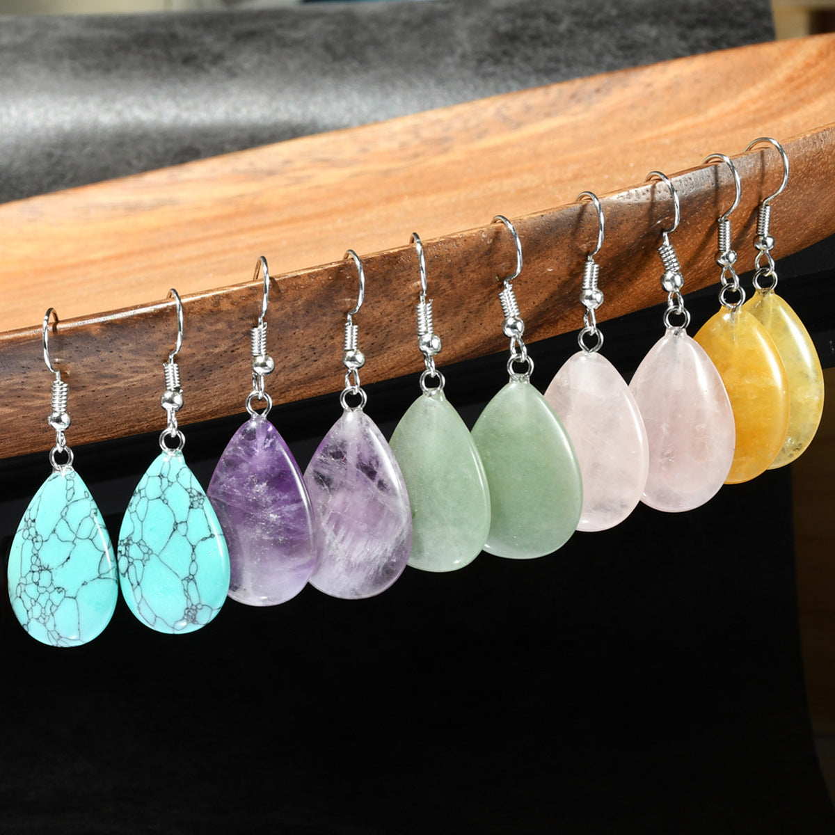 Wholesale Antique Water Drop Natural Stone Earrings - Pink Crystal and Green Aventurine Everyday Jewelry