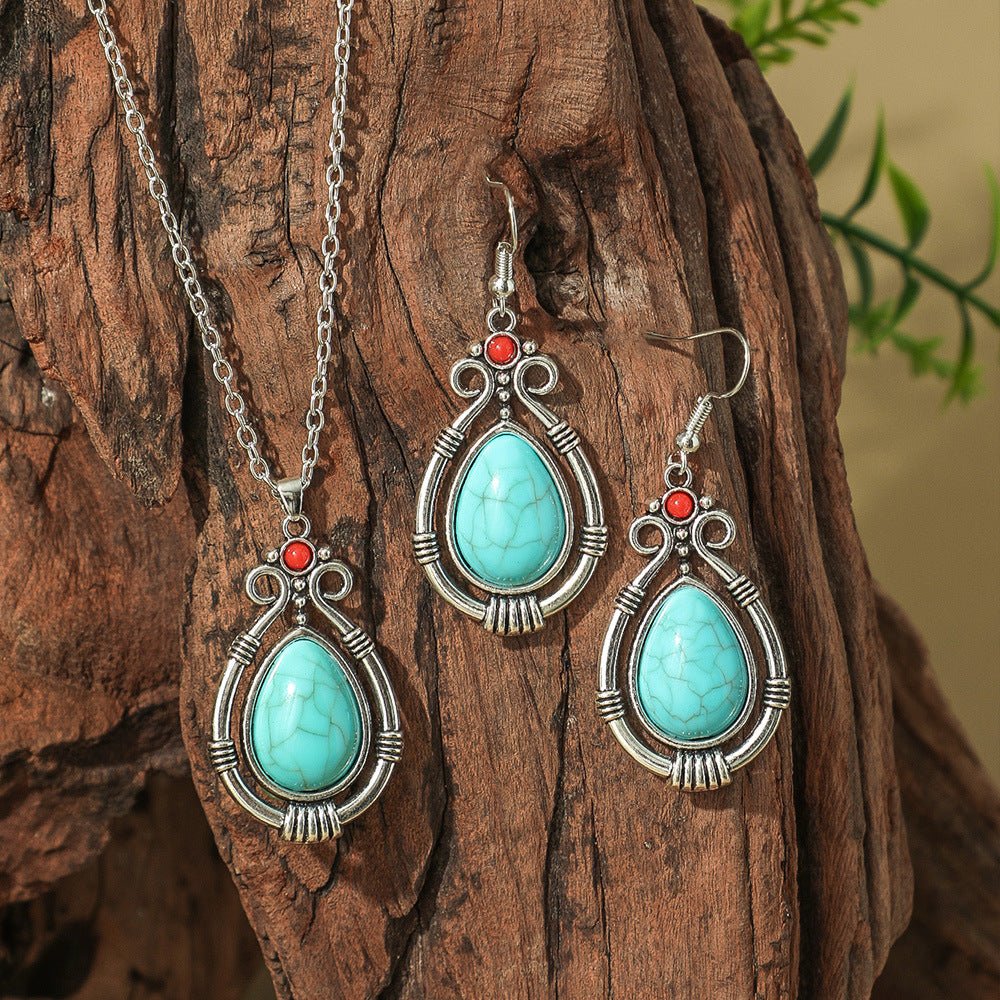 Wholesale Bohemian Turquoise Hollow Geometric Earrings and Necklace Set Fashion Accessory Gift