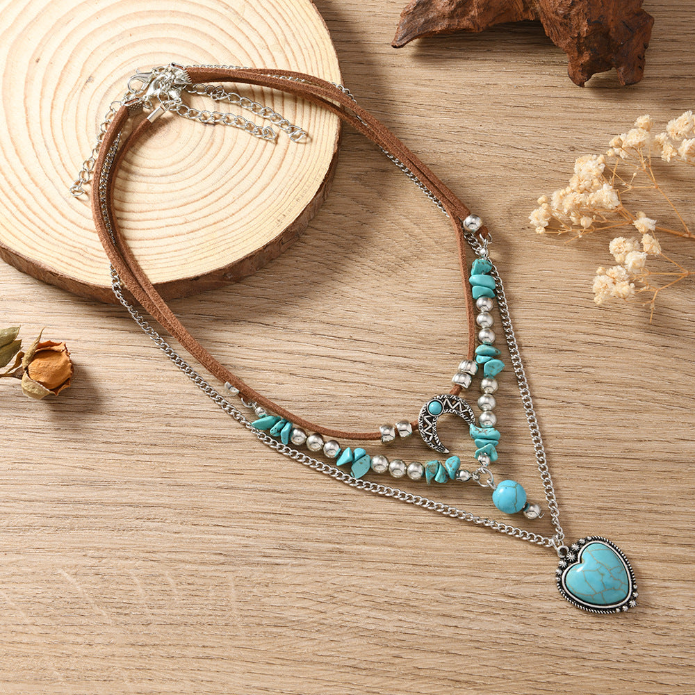 Wholesale  Retro Imitation Turquoise Love Clavicle Chain Beaded Necklace Set Ethnic Style Moon Necklace