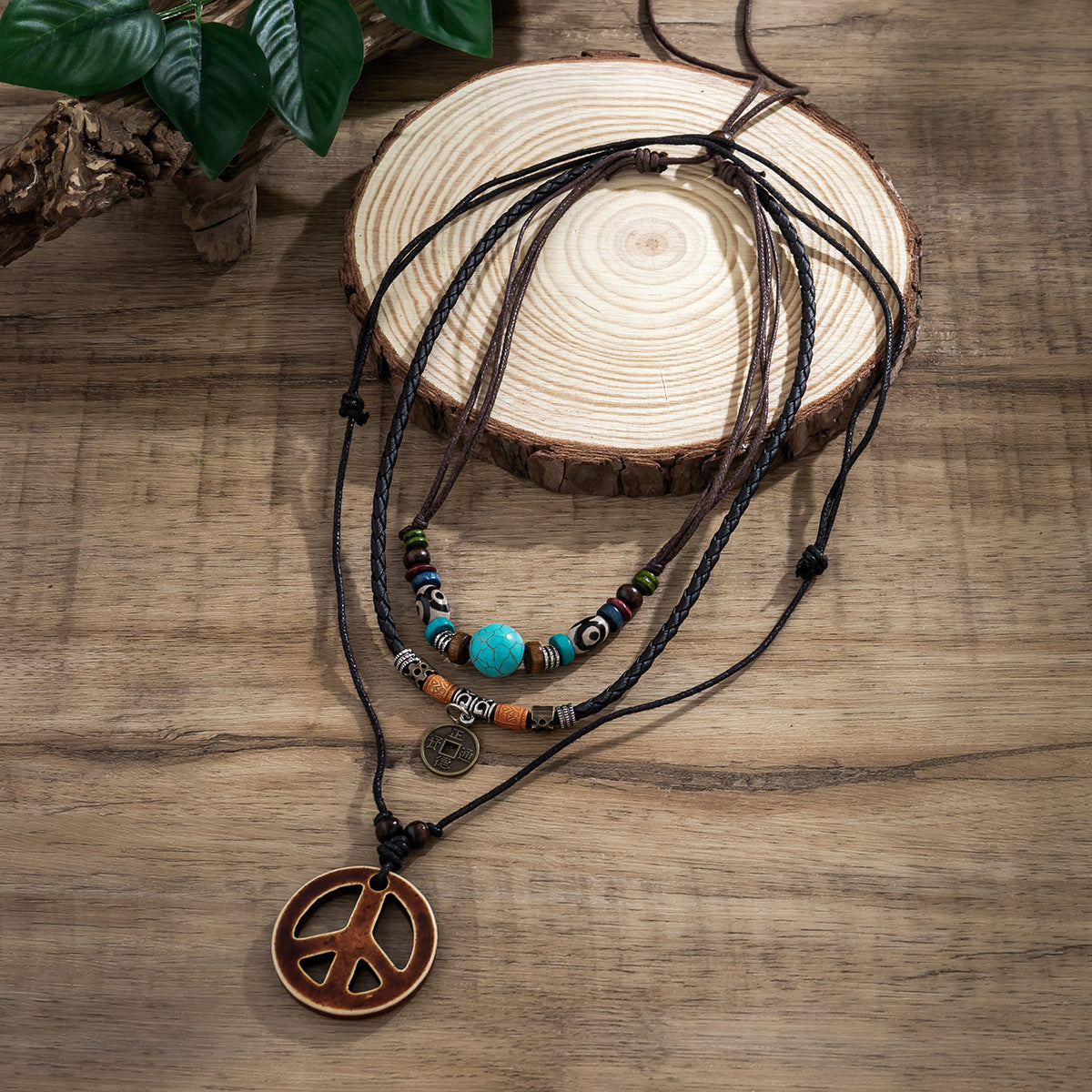 Wholesale Men's Wooden Beads Turquoise Peace Symbol Necklace Set Sweater Chain Long Necklace ACC-NE-Puxin004