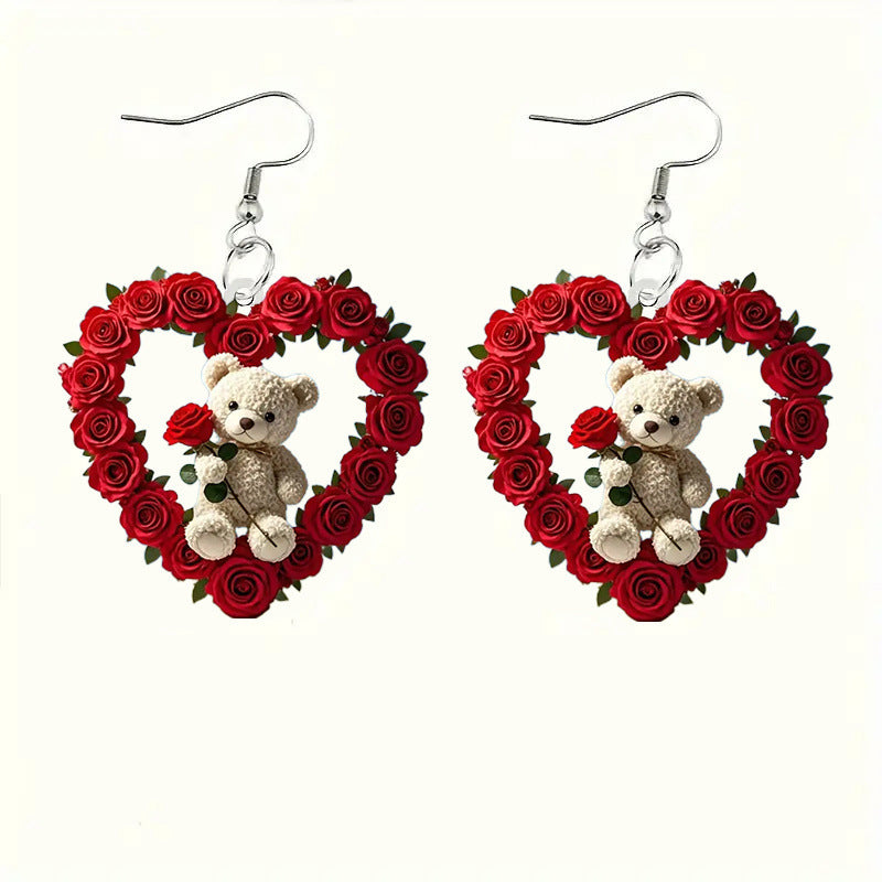 Wholesale Acrylic Rose Bear Heart Earrings
