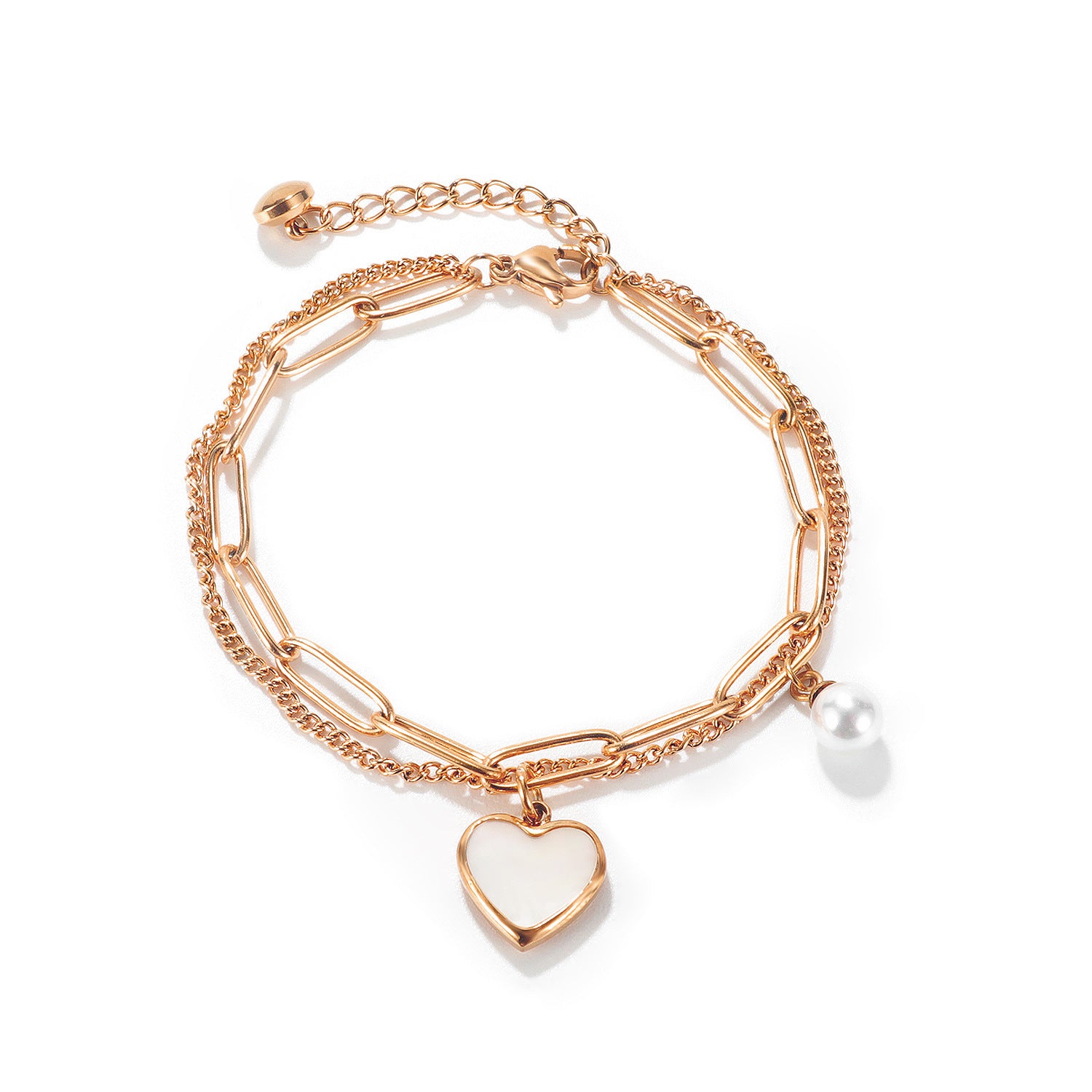Wholesale Double Layer Peach Heart Pearl Titanium Steel Bracelet ACC-BT-OPK006