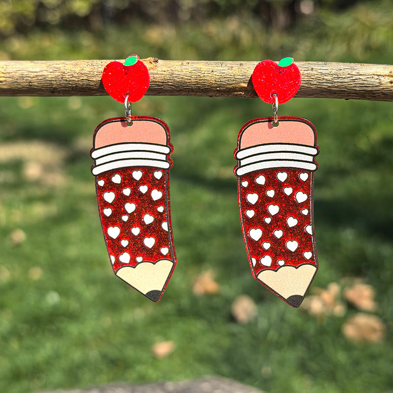 Wholesale  Teachers' Day Acrylic Earrings Pencil Apple Books Single-sided Glitter Earrings