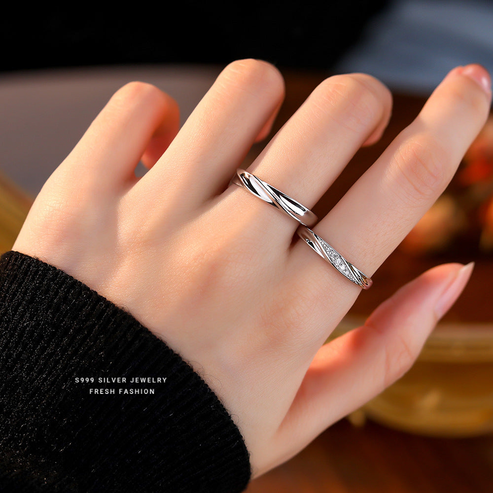 Wholesale s999 Foot Silver Love Simple Wave Micro-inlaid Zircon Couple Ring
