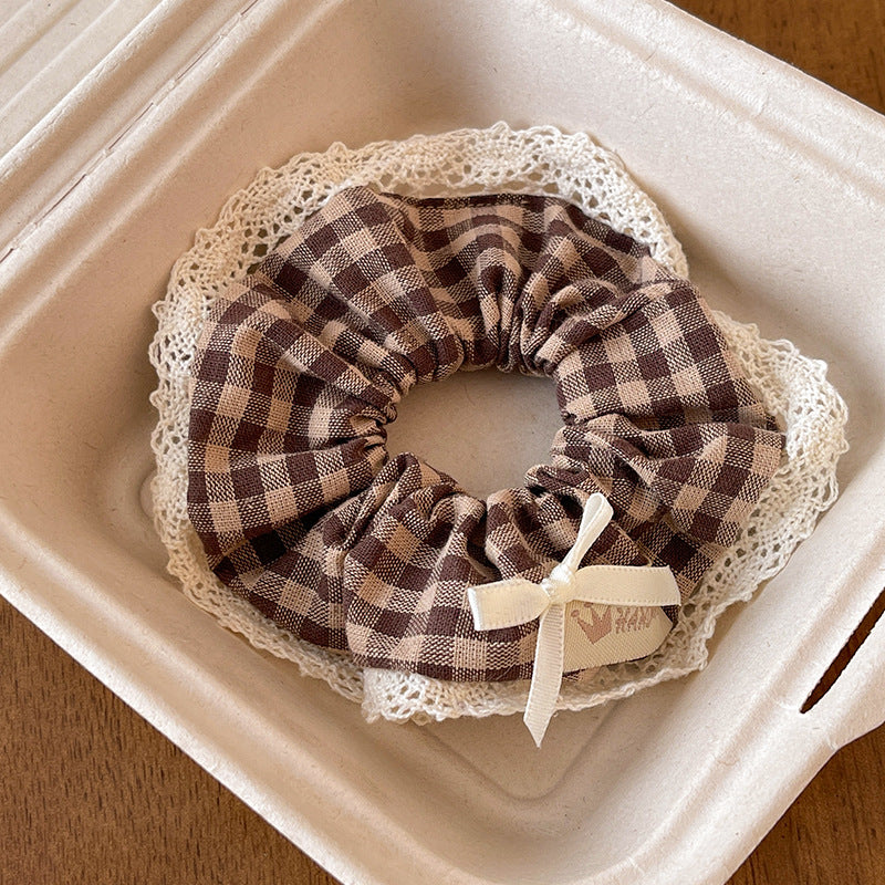 Wholesale Sweet College Style Milk Blue Plaid Lace Scrunchie With Cream Bow Fashion Hair Accessory For Boutique Resale