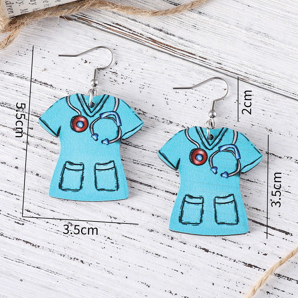 Wholesale Nurses'  Day Earrings: Double-Sided Wooden Design Featuring Nurse Uniform and Stethoscope Pendants