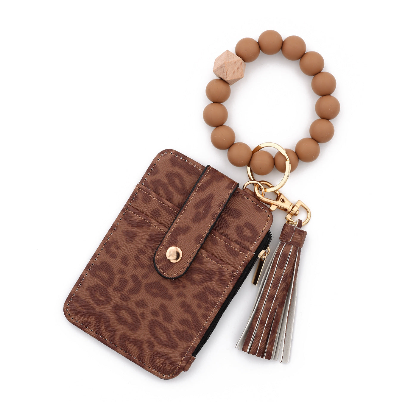 Wholesale PU leather and silicone bead bracelet leopard print wallet and keychain