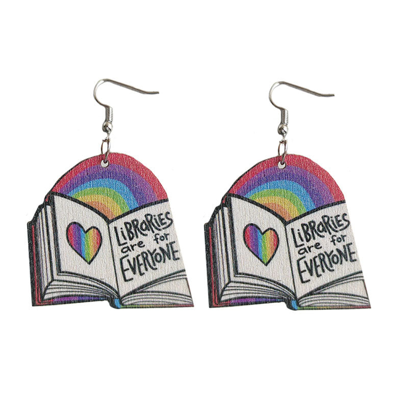 Wholesale 2 Pairs/pack Rainbow Love School Bag Wooden Earrings Heart Earrings ACC-ES-HY009
