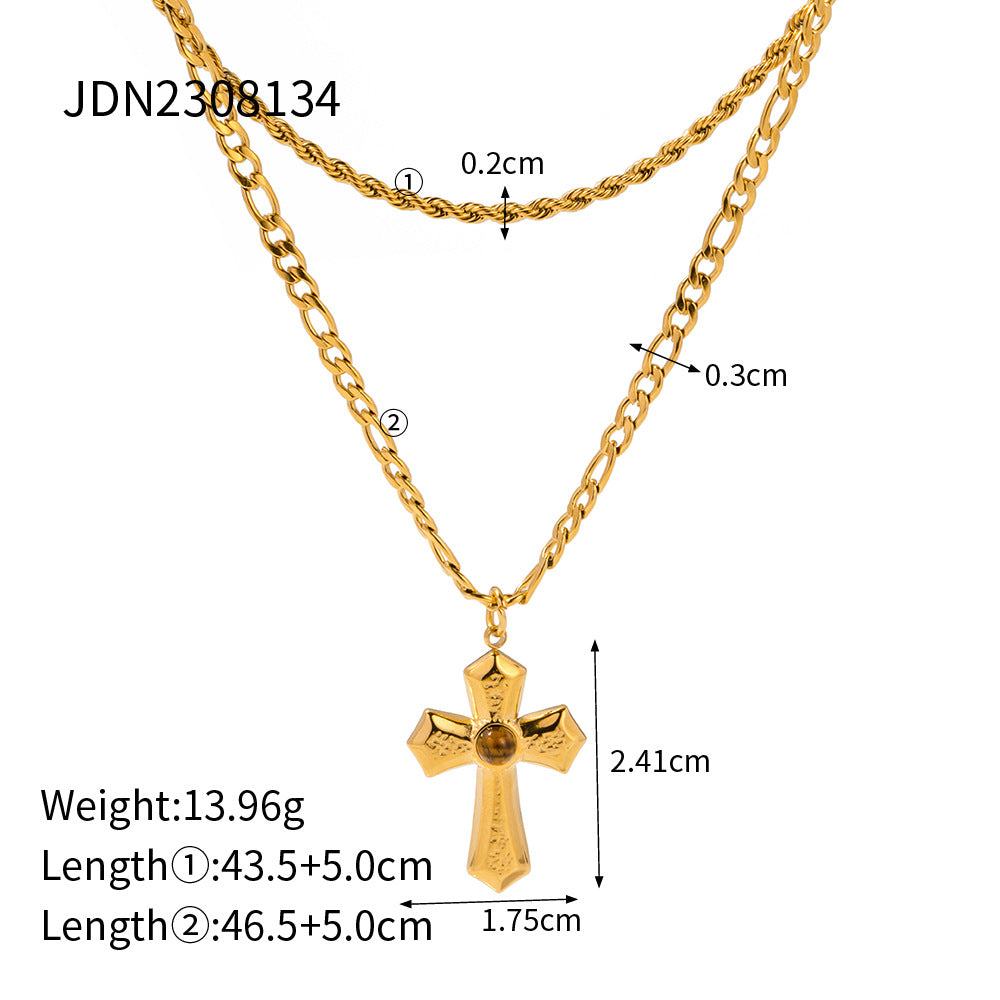 Wholesale Medieval Style Threaded Liquid Pleated Gold Cross Double Layer Necklace Stainless Steel ACC-NE-Wanx001