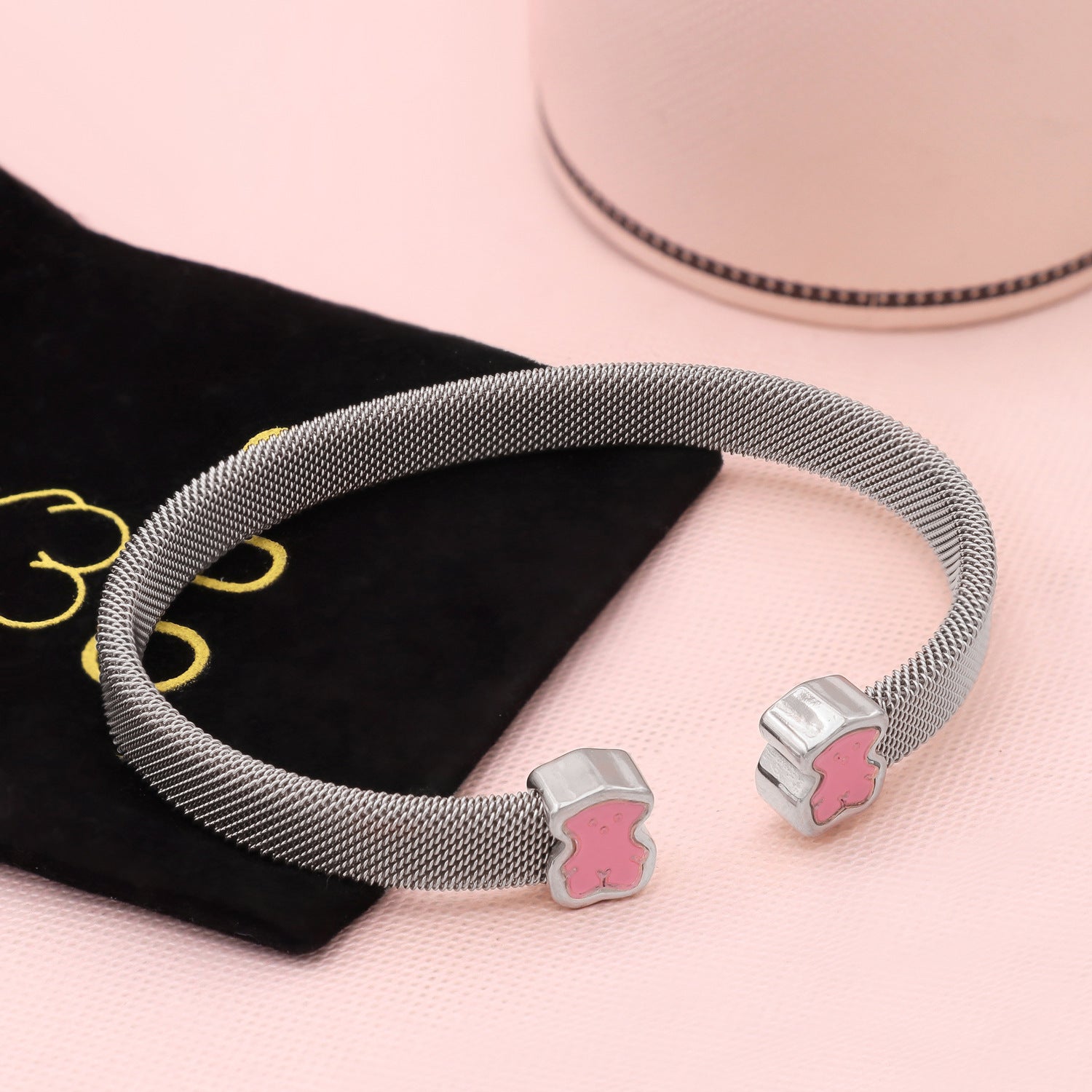 Wholesale Bear Open C-Shape Bracelet with Woven Mesh Strap,  Stainless Steel Boutique Resale Jewelry for Women