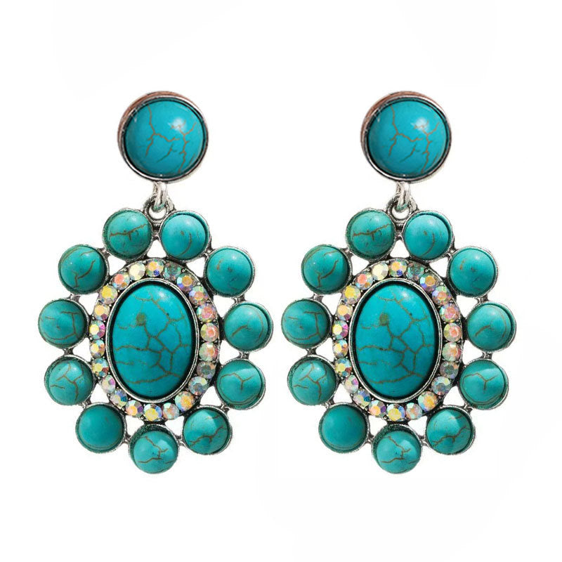 Wholesale Exaggerated earrings for women, personalized turquoise inlaid western style earrings