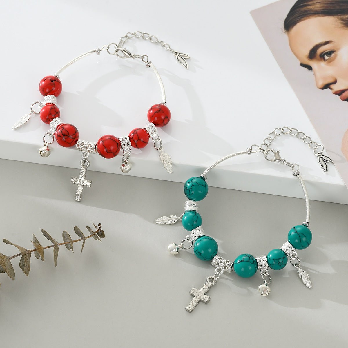 Wholesale Natural turquoise malachite cross bell bracelet