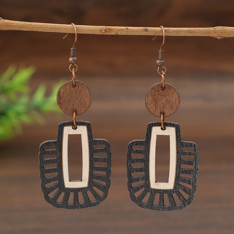 Wholesale Retro Cut Out Geometric Splicing Small Round Wood Piece Women' s Simple Earrings