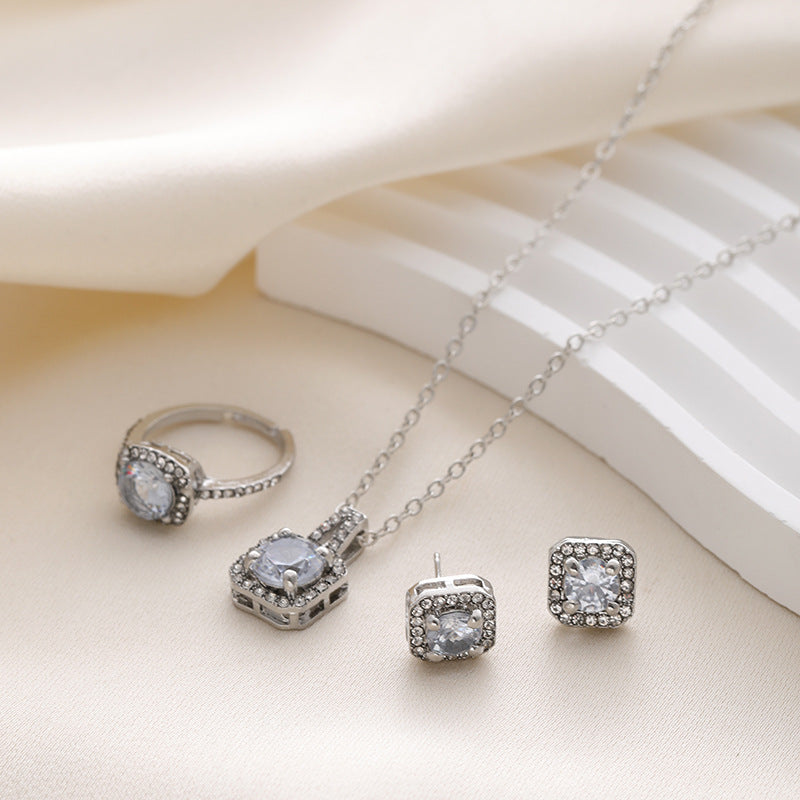 Wholesale Square Diamond Zircon Necklace Earrings Ring Three-piece Sets ACC-NE-ChaoKai013