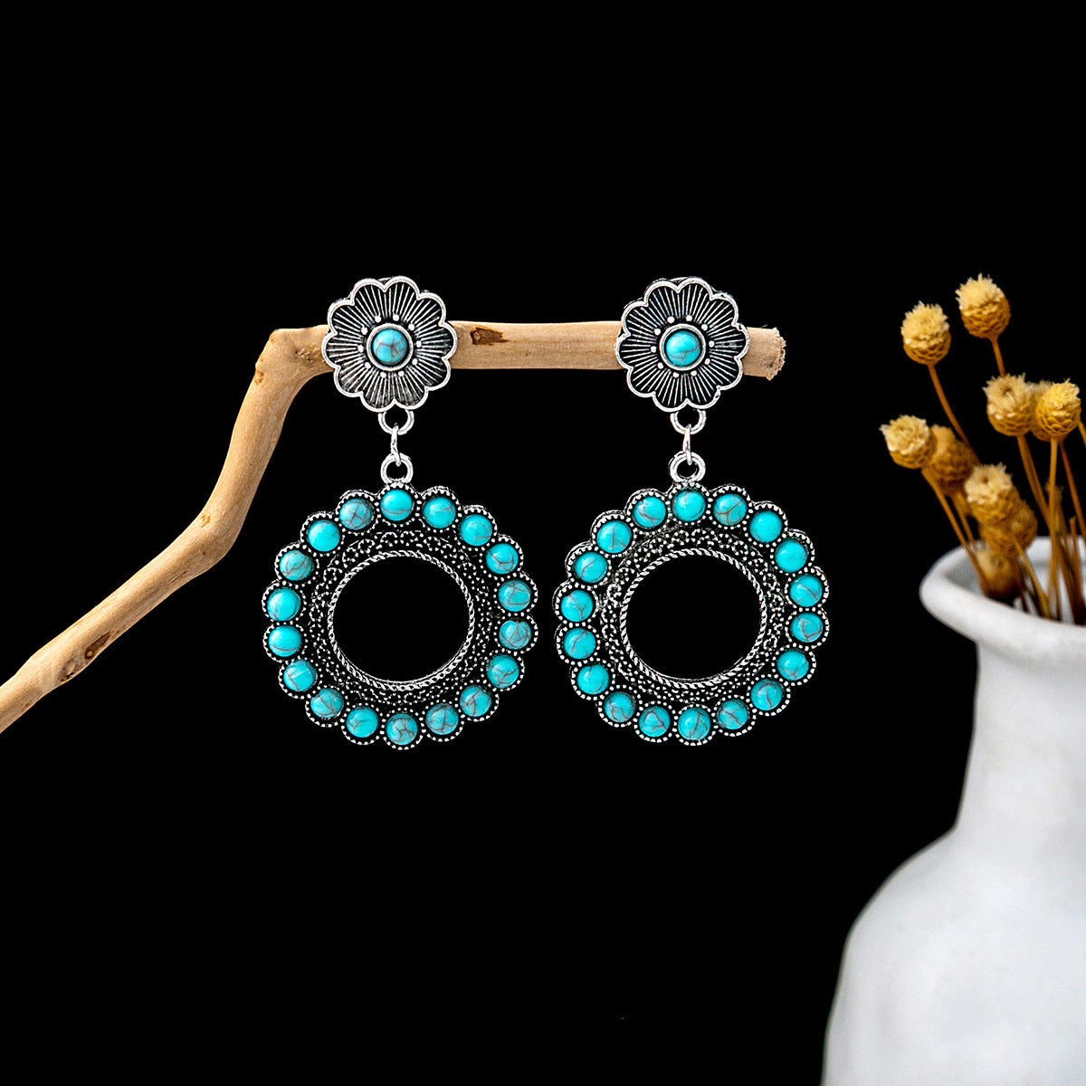 Wholesale Retro Ethnic Style Blue Turquoise Hollow Ring Flower Tassel Earrings Jewelry Accessory
