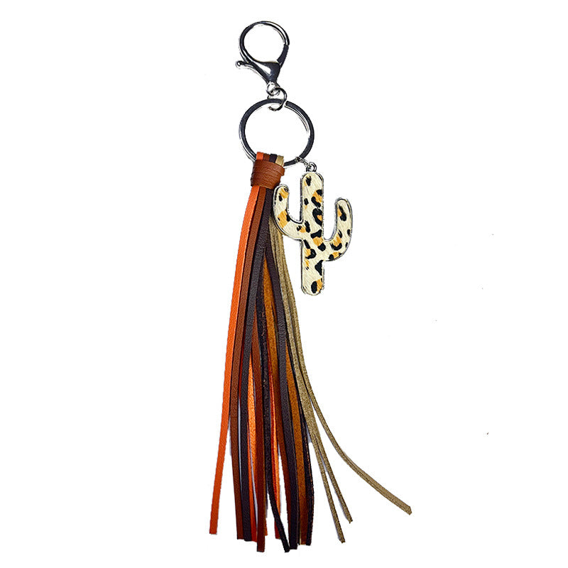 Wholesale 2pcs/pack Western Style Cactus Tassel Genuine Leather Horse Hair Keychain ACC-KC-HY016