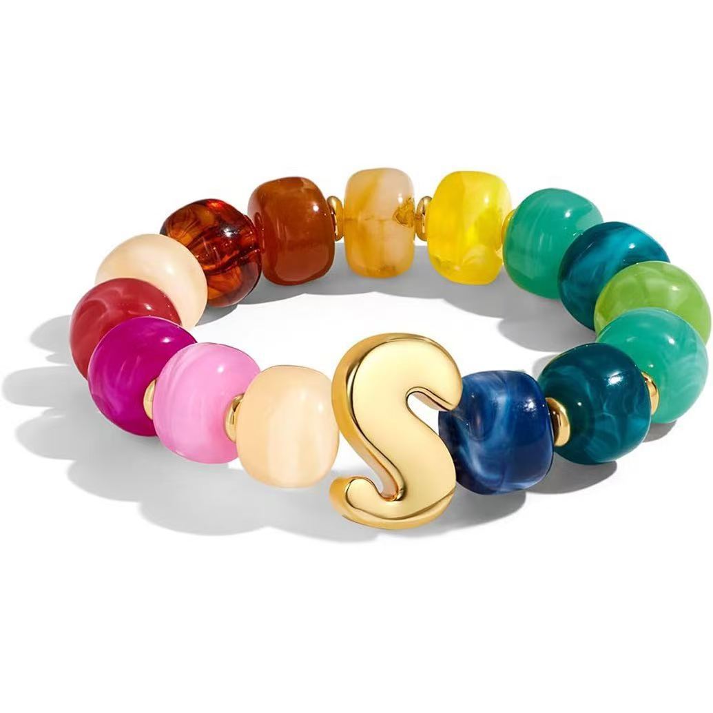 Wholesale 2026 Amazon Cross-Border Colorful Beaded 26 Letter Bracelet for Women,  Resin,  Fashionable and Unique,  High Elasticity Bracelet