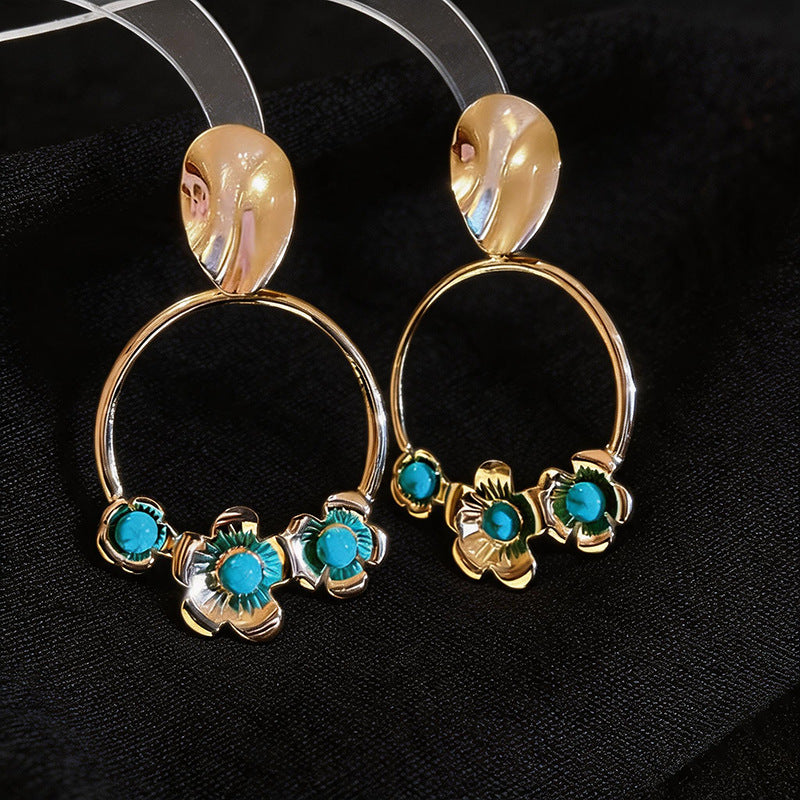 Wholesale Geometric Flower Earrings Silver Gold Blue Retro Style Fashion Jewelry Accessory
