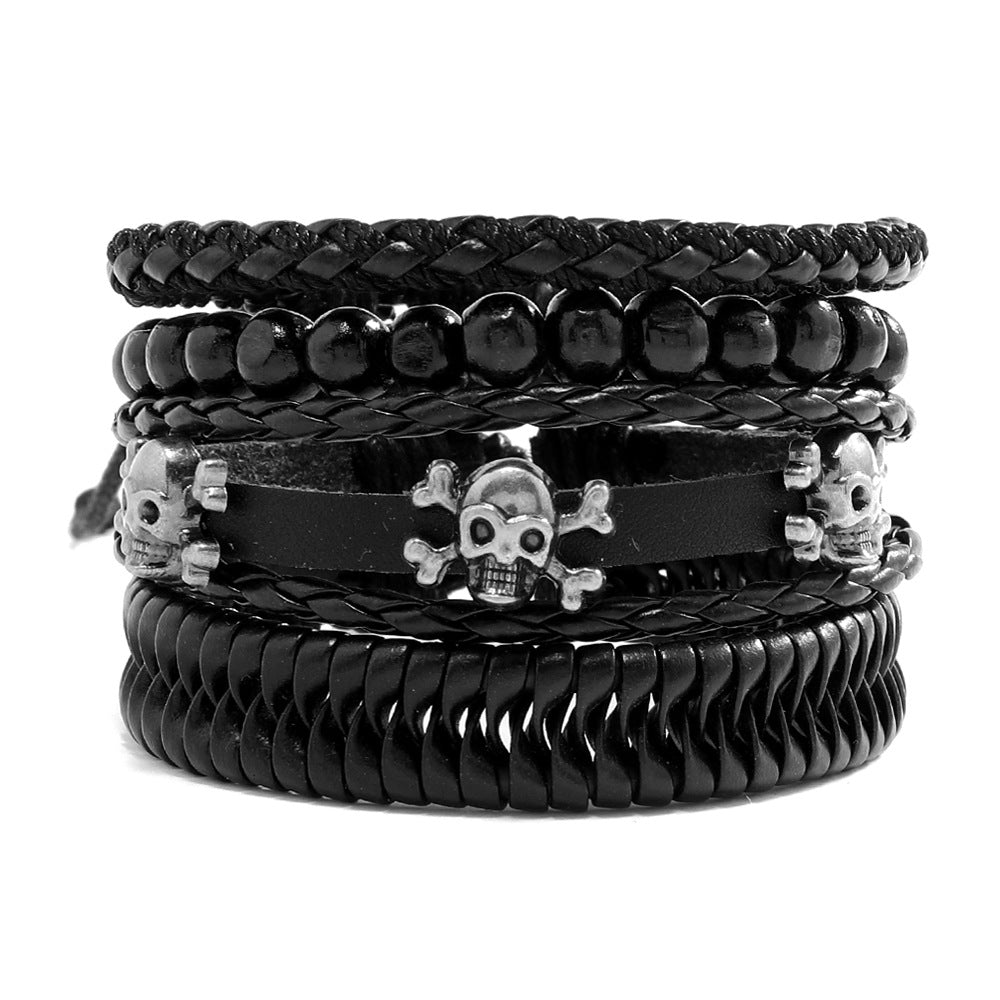 Wholesale DIY Vintage Braided Leather Skull Punk Bracelet Set ACC-BT-Saih019