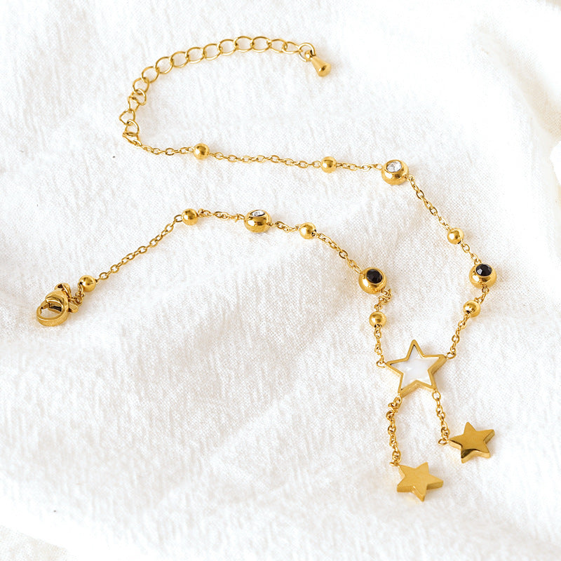 Wholesale Titanium Steel Shell Star Moon Tassel Anklet Double-sided Black and White Zircon Diamond Five-pointed  Anklet