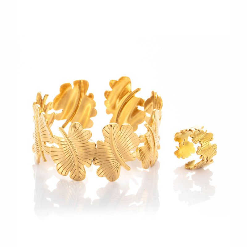 Wholesale Exaggerated titanium steel leaf wide version opening adjustable bracelet