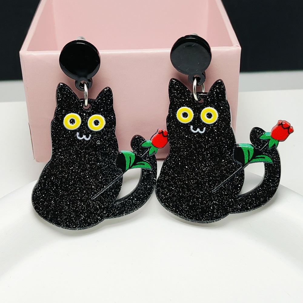 Wholesale Acrylic Sheet Cartoon Black Cat Rose Flower Earrings ACC-ES-Qiyu004
