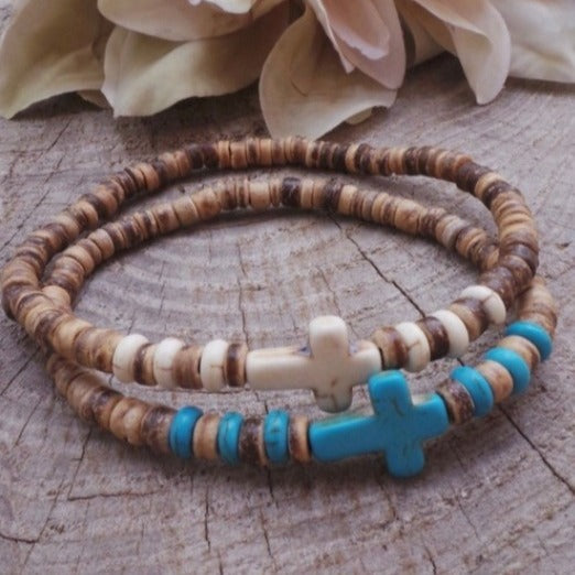 Wholesale  coconut shell wood slice turquoise Cross Bracelet