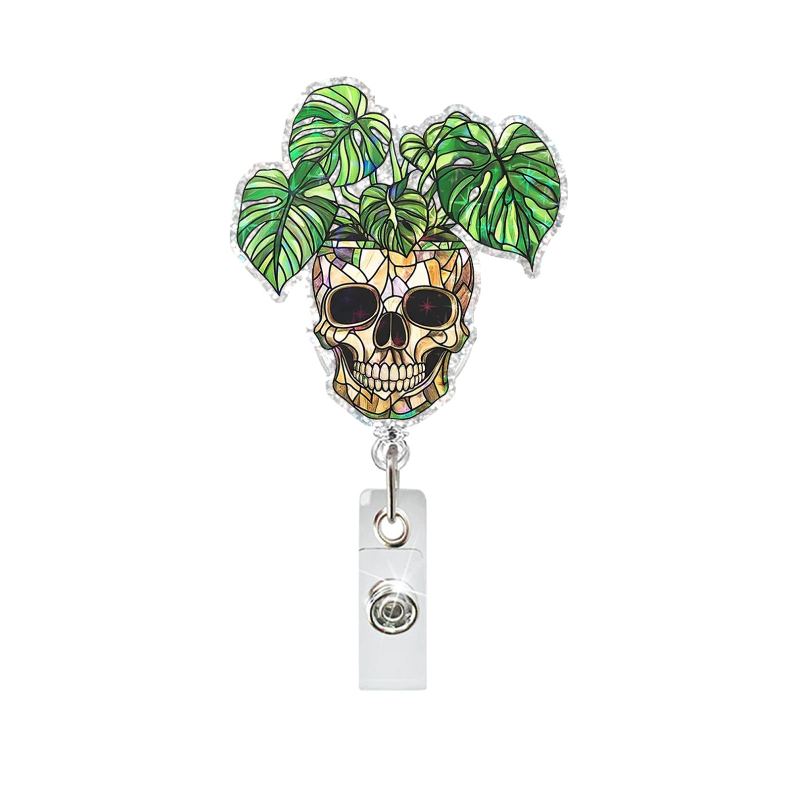 Wholesale Monstera Skull Retractable Badge ID Holder - Acrylic Belt Clip,  Chic Car Key Accessory Gift