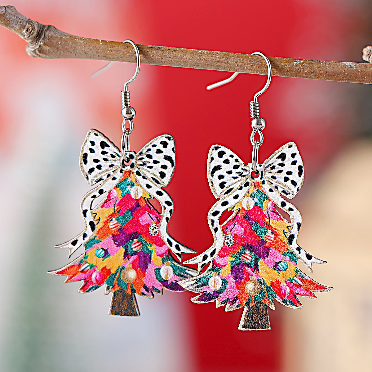 Wholesale Christmas cow pattern bow Christmas tree pendant earrings wooden