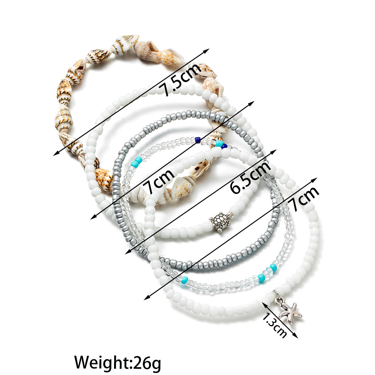 Wholesale Starfish and turtle pendant white rice beads conch anklet