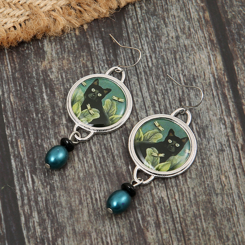 Wholesale Retro Cat Flower Earrings For Women Alloy Green Pearl Drop Pendant Party Jewelry Accessory Boutique Resale