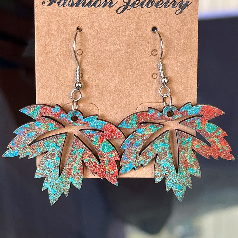 Wholesale Vintage Distressed Hollow Leaf Wooden Earrings Fashion Jewelry Accessory