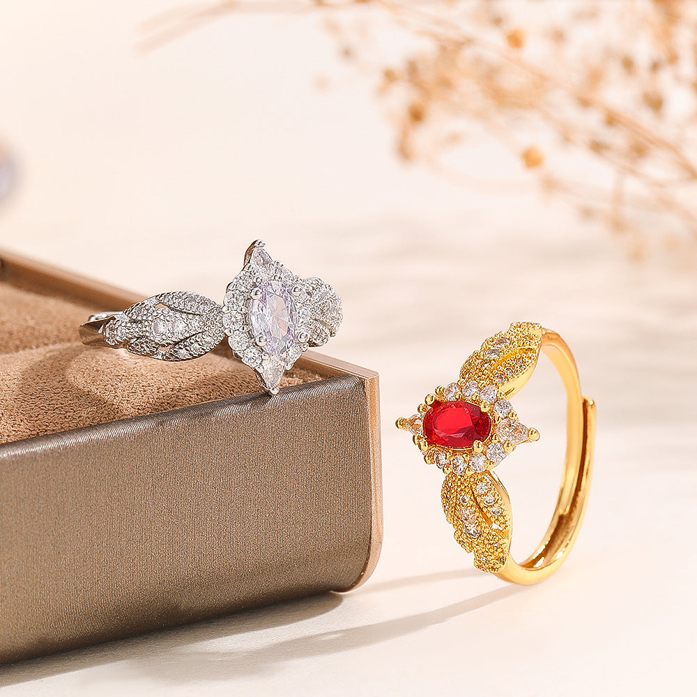 Wholesale Trendy French Royal Style Adjustable Copper Zircon Ring Golden Ruby Electroplated Finish Boutique Jewelry Gift