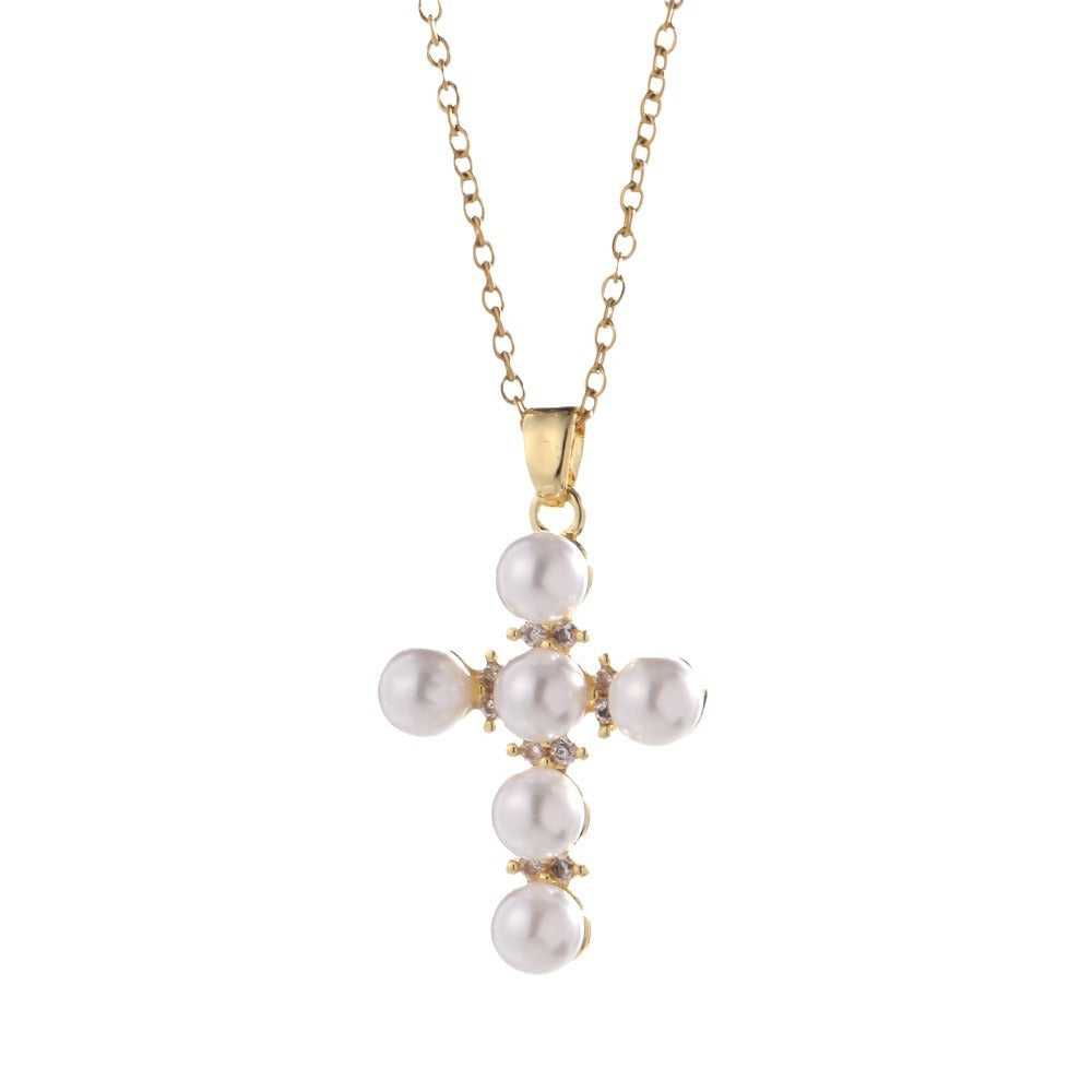 Wholesale Trendy 18K Gold Plated Pearl Cross Pendant Necklace For Women Fashion Jewelry Accessory