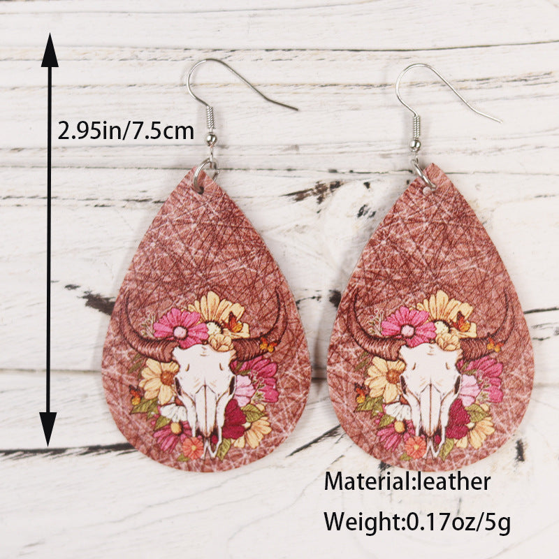 Wholesale Western Style Old Style Cow Head Flowers  Leather Earrings
